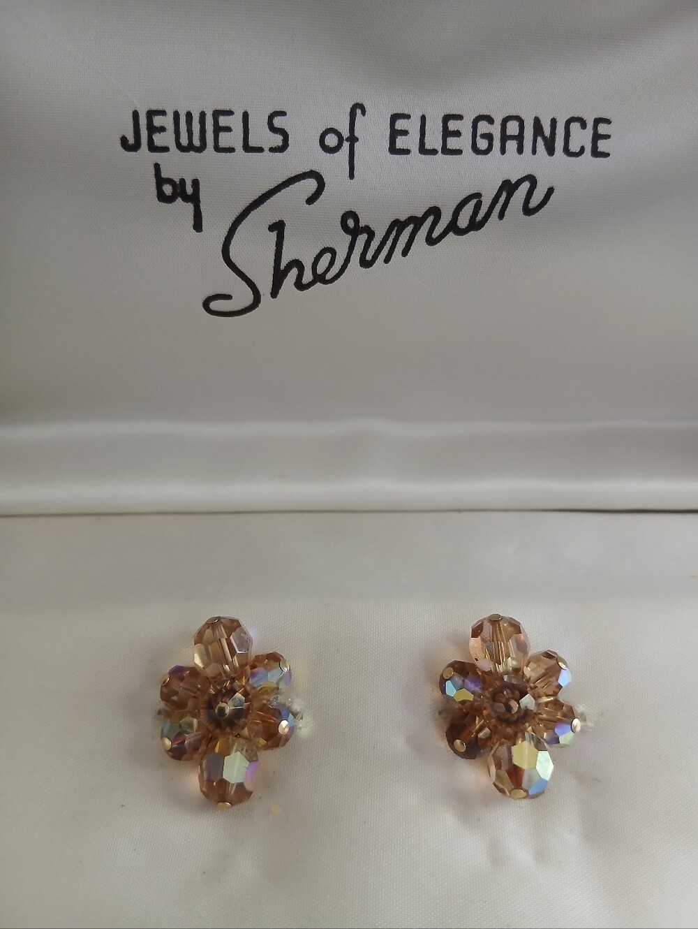 Sherman Signed Vintage Crystal Flower Clip-On Earrings
